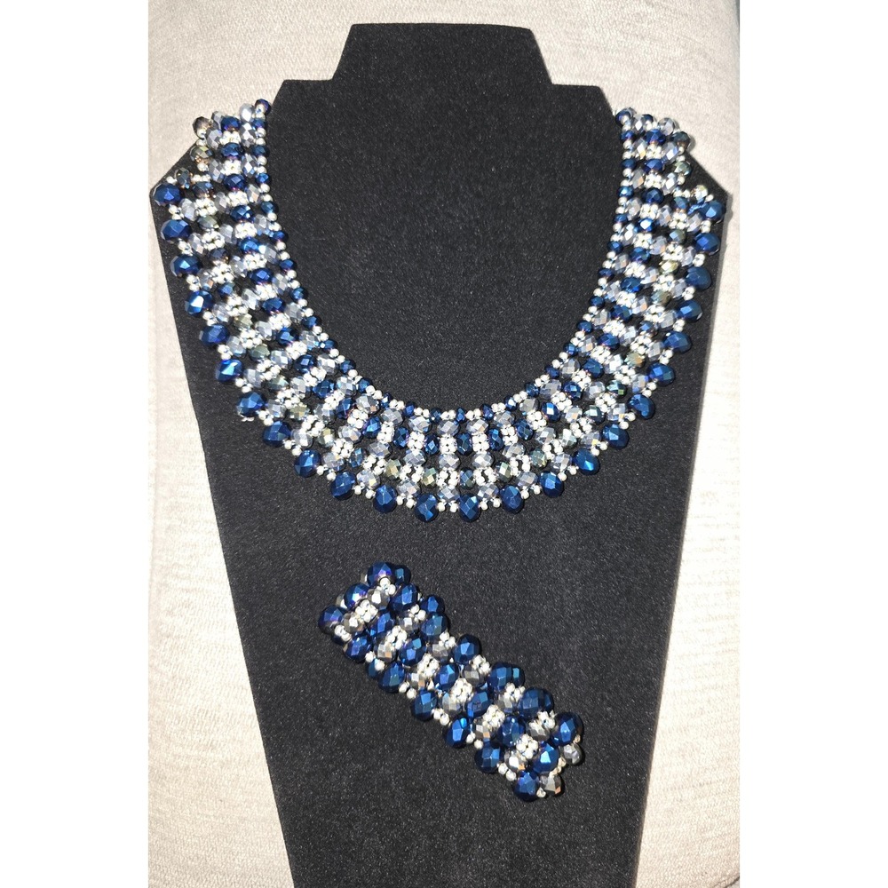 Handcrafted necklace featuring‎ a beaded design- blue & silver